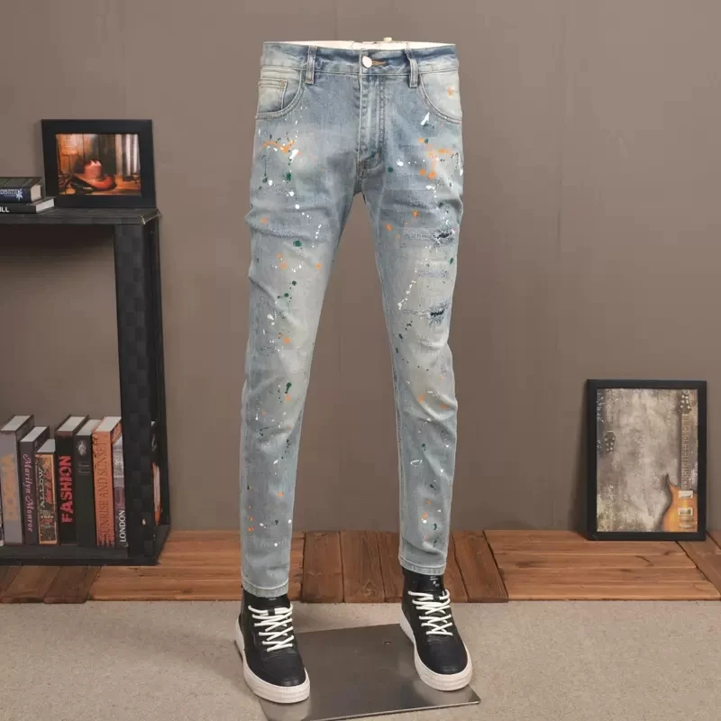 High Street Fashion Men Jeans Retro Light Blue Elastic Slim Fit Ripped Jeans Men Painted Designer Hip Hop Denim Pants Hombre