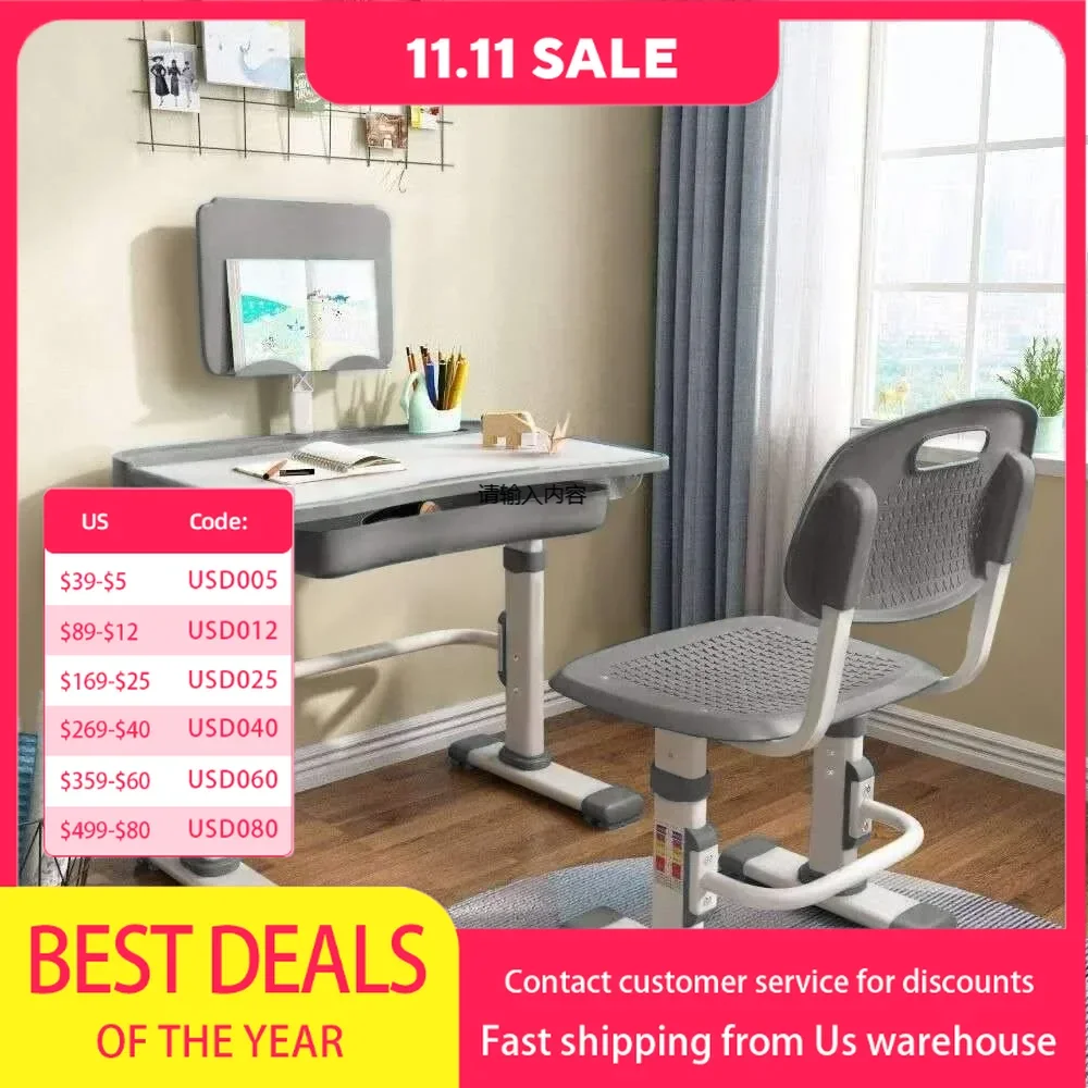 Kids Desk and Chair Set, Children School Study Desk with Tilt Desktop, Bookstand, LED Lamp, for Boys Girls, (Grey)