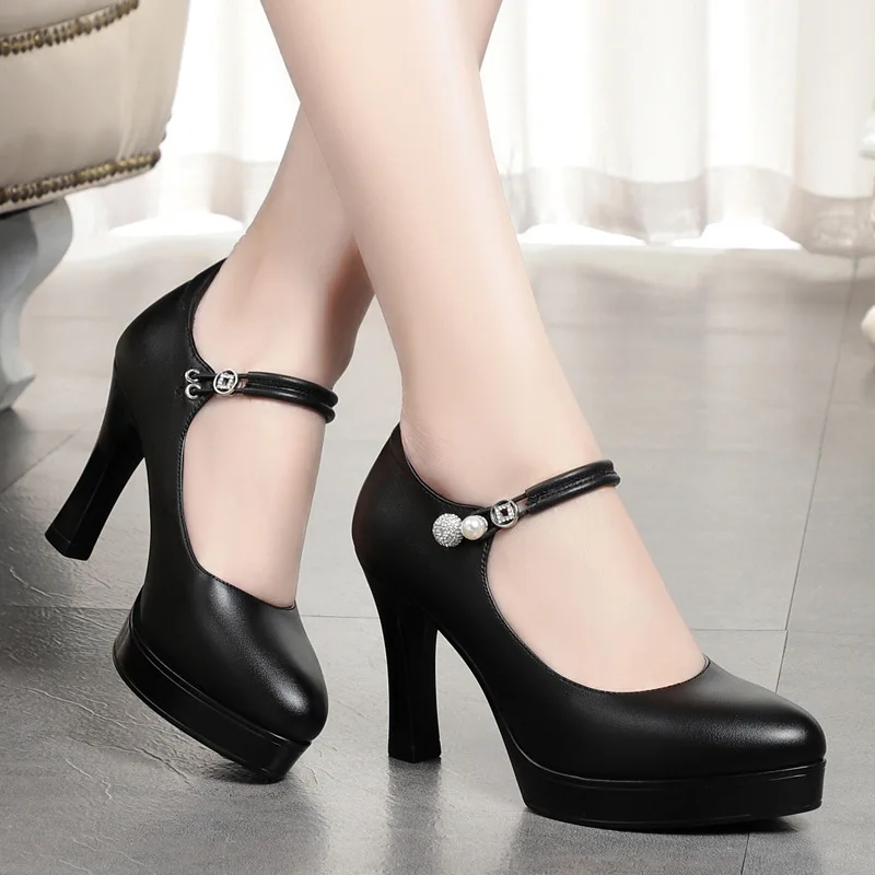 9cm Elegant Shallow Soft Leather Shoes Women Mary Janes Spring 2024 Block High Heels Shoes Platform Pumps for Office Model Mom
