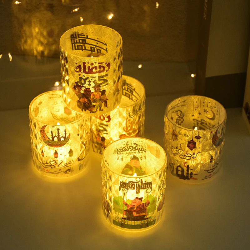 Eid 무바라크 장식 LED 촛불 컵, 조명 포함, 라마단 테이블 야간 램프, Eid Al Adha 선물, 이슬람 무슬림 파티 장식 용품