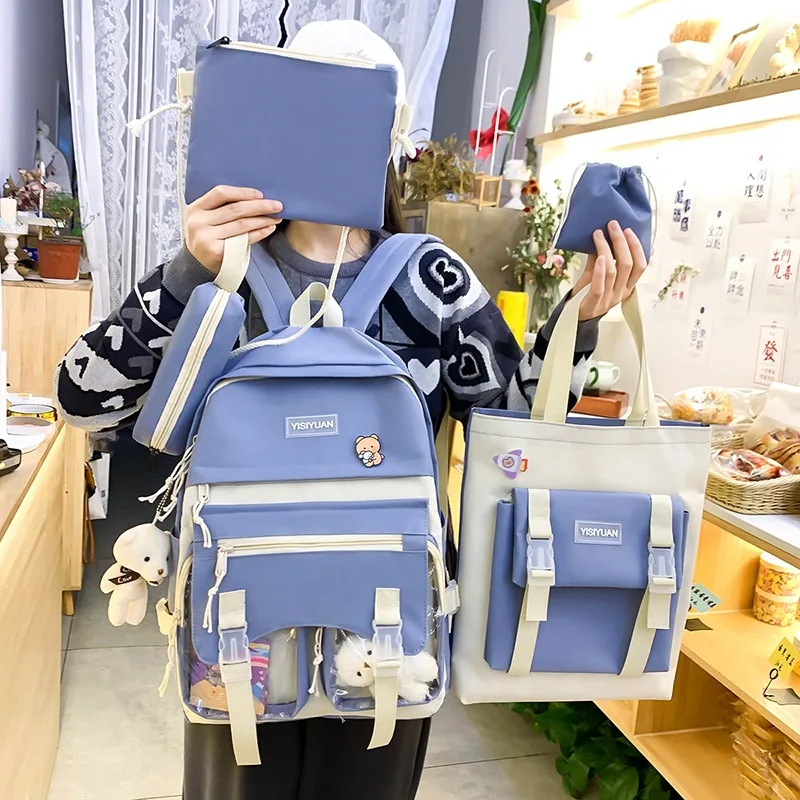 

4pcs Women's Backpack School Bags for Girls Kawaii College Student Kids Book Bag Female Canvas Laptop Computer Rucksack Mochila