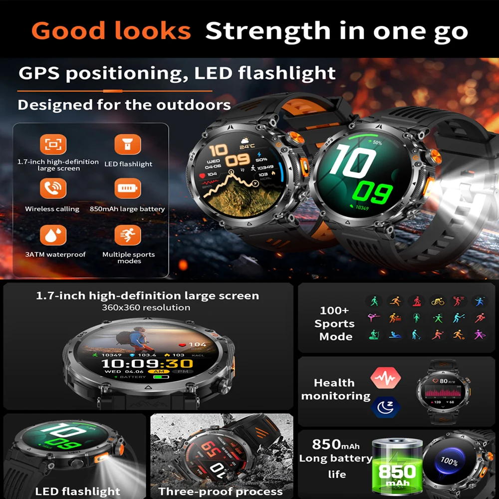 Advanced Waterproof GPS Sports Smart Watch with Compass and LED Flashlight