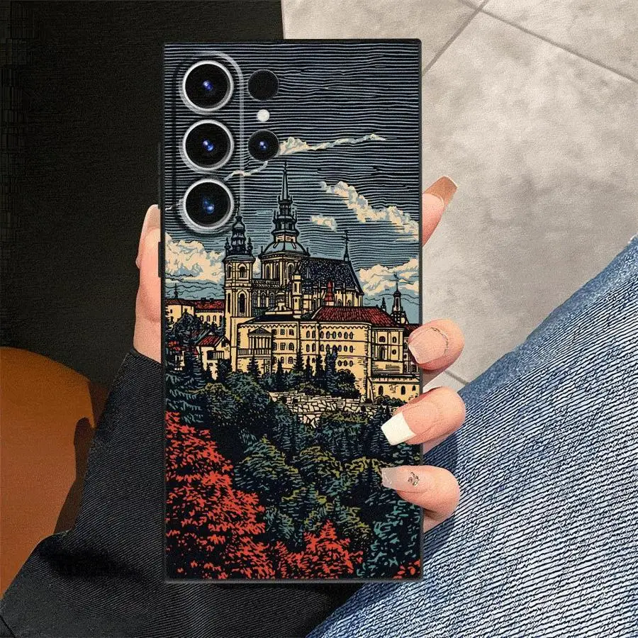 Black Soft Phone Cover Case with Vintage Castle Art Design
