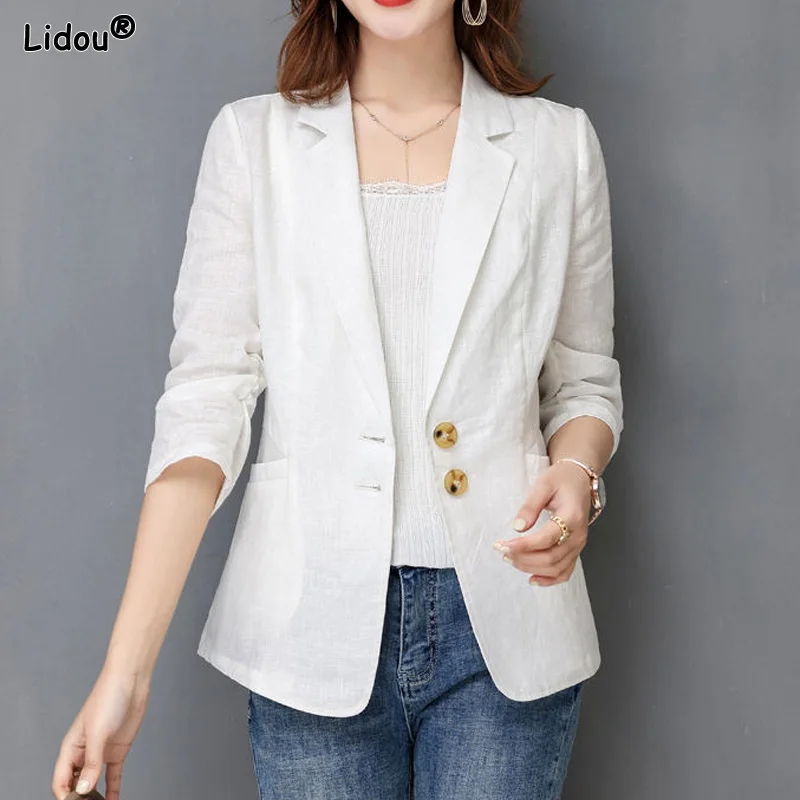Spring Summer Office Lady Formal Casual Blazers Solid Skinny Women's Clothing Coat Pockets Notched Button Three Quarter Sleeve