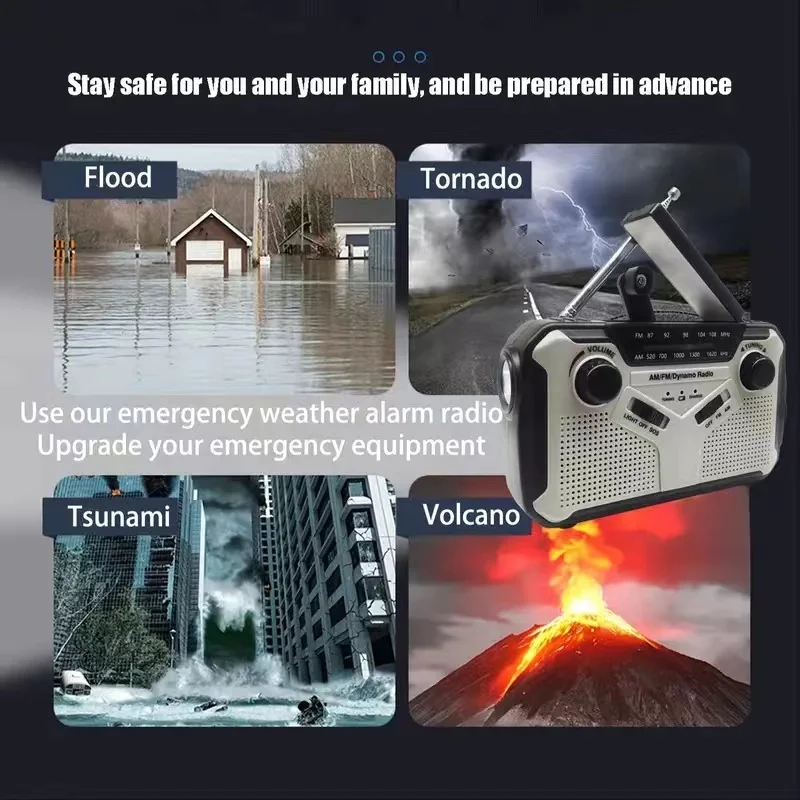 Solar Radio AM/FM Portable Crank Dynamo Emergency with 4000 mAh Rechargeable Battery LED Torch SOS Alarm for Camp