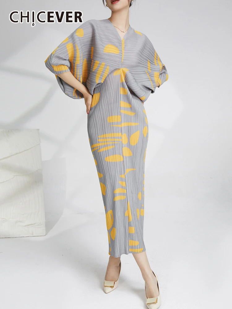 

CHICEVER Folds Midi Dresses For Women V Neck Batwing Sleeve High Waist Elegant Loose Hit Color A Line Dress Female Summer 2023