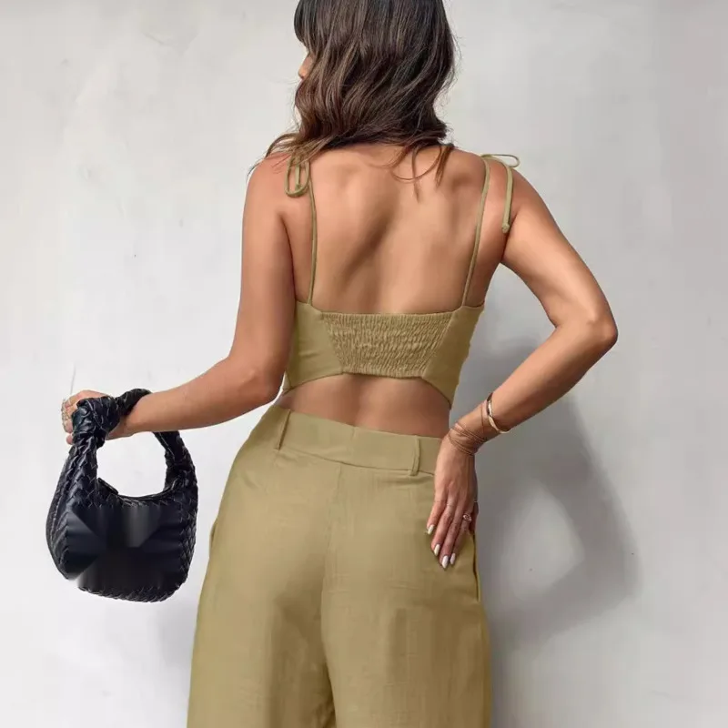 Fashion New Halter Top Bra Halter Short Jacket High Waist Wide Legs Long Pants Two-piece Summer Autumn 2024 Commuter Ladies Suit