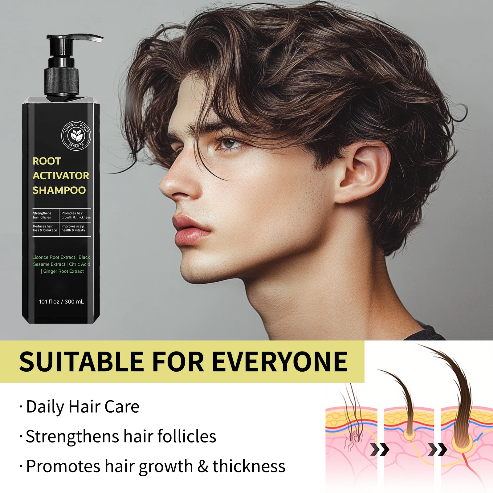 Shampoo per attivatore radici per capelli 300ml Nutrire le radici dei capelli Rafforzare i follicoli piliferi Promuovere la crescita Riduce la perdita per capelli lisci e spessi - immagine 4