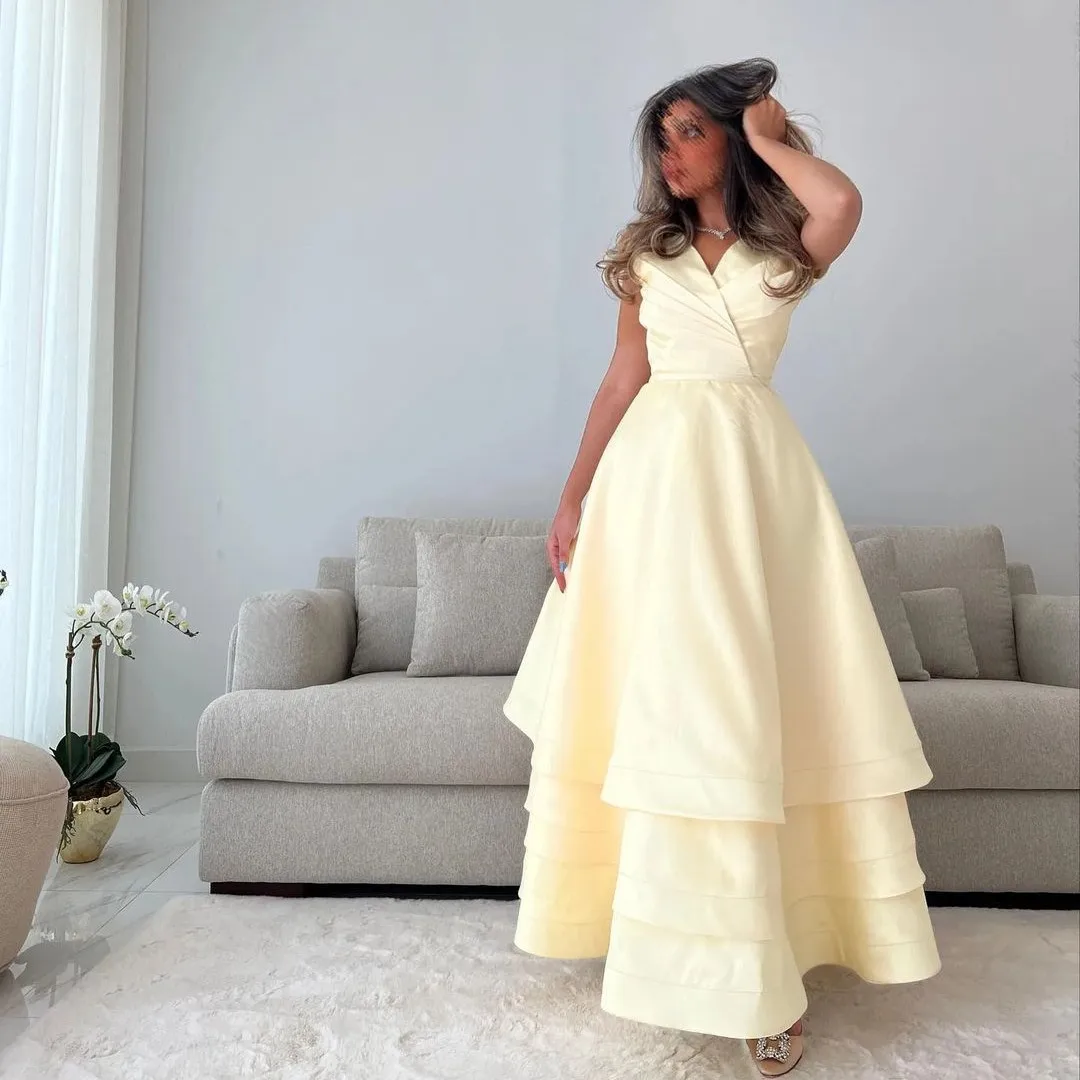 

Light Yellow Satin Prom Dresses V Neck Sleeveless Zipper Back Wedding Guest Dress for Women Tiered A Line Vestidos De Novia