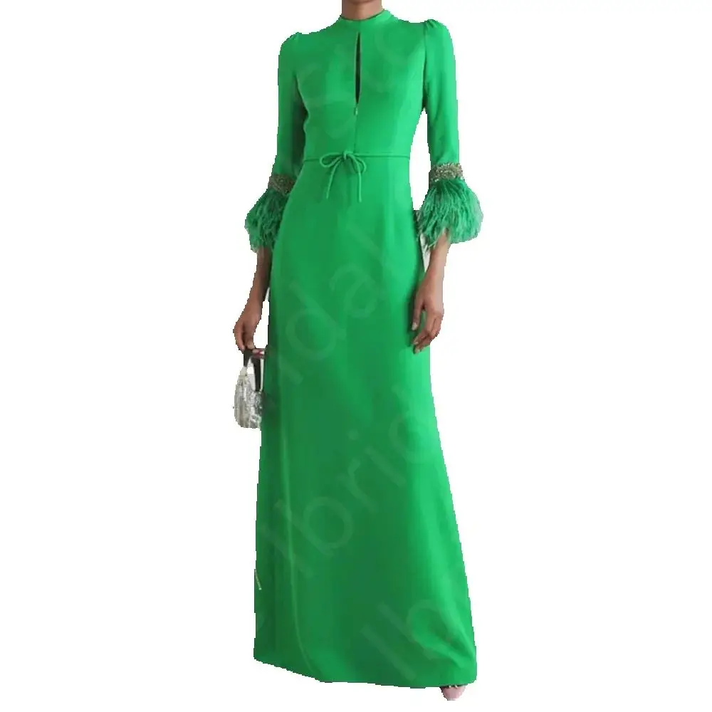 Customized Vintage Green Evening Dresses Arabic 2025 Prom Gowns Feathers 3/4 Sleeves Wedding Guest Dresses High Neck Beaded 6