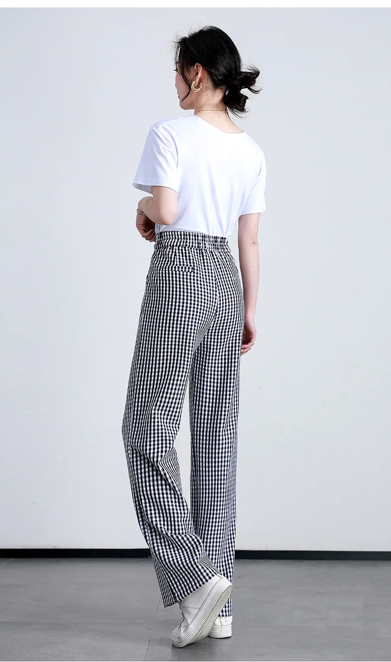 women's fashion 2022 New Elastic Band Waist Pleated Loose Cotton Long Plaid Pants Women Lengthened Long Spring Autumn Trousers Oversize 22113 bell bottom jeans