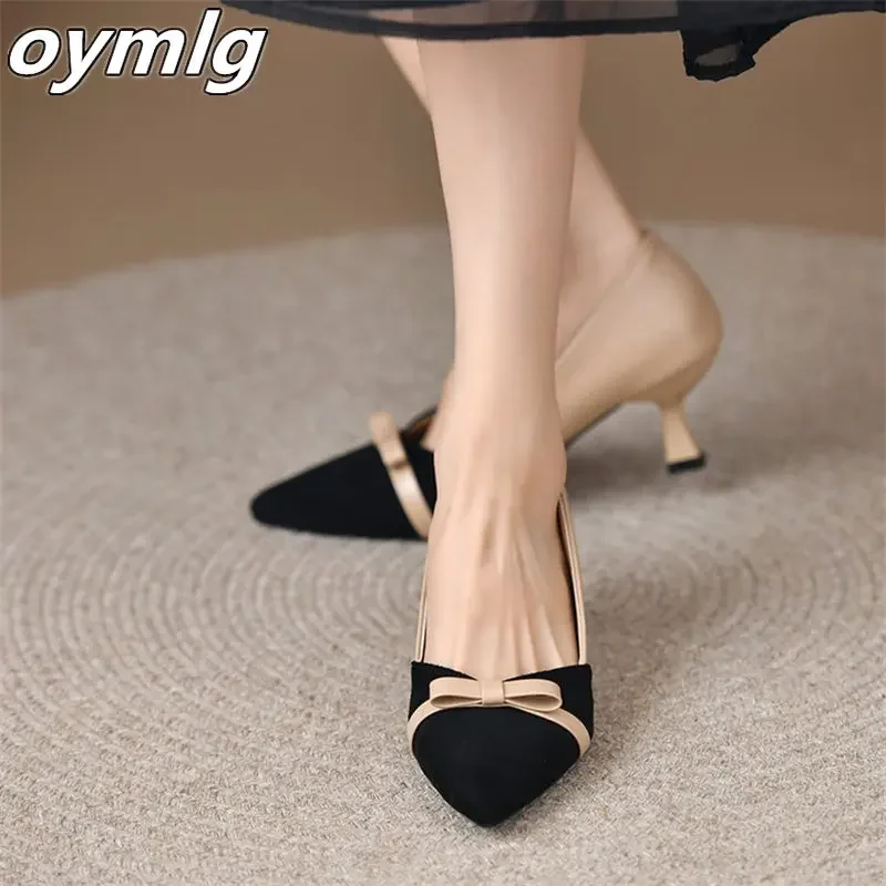 Elegant temperament color matching bow knot women's shoes New spring 2024 thin medium heel pointed single shoes for women
