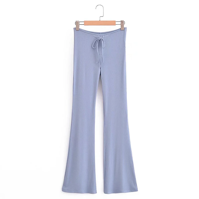 

YENKYE New 2024 Women Vintage Drawstring High Waist Yoga Knitted Flare Pants Basic Slim Trousers