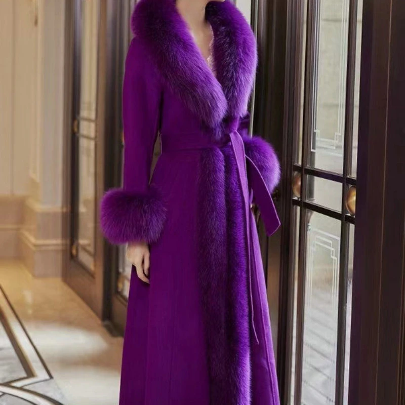 Mink Coat Women's Long Cashmere Jacket Winter Fox Fur Collar Extra Thick Parkas Woolen Overcoat Tiktok New Imitation Fur Outwear