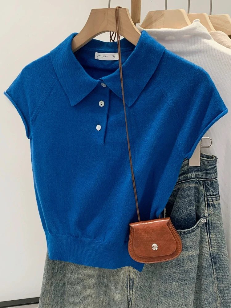 T-shirt in maglia a maniche corte con colletto polo da donna, grigio tinta unita, con bottoni frontali, elasticizzata, leggera, casual, estiva - immagine 3