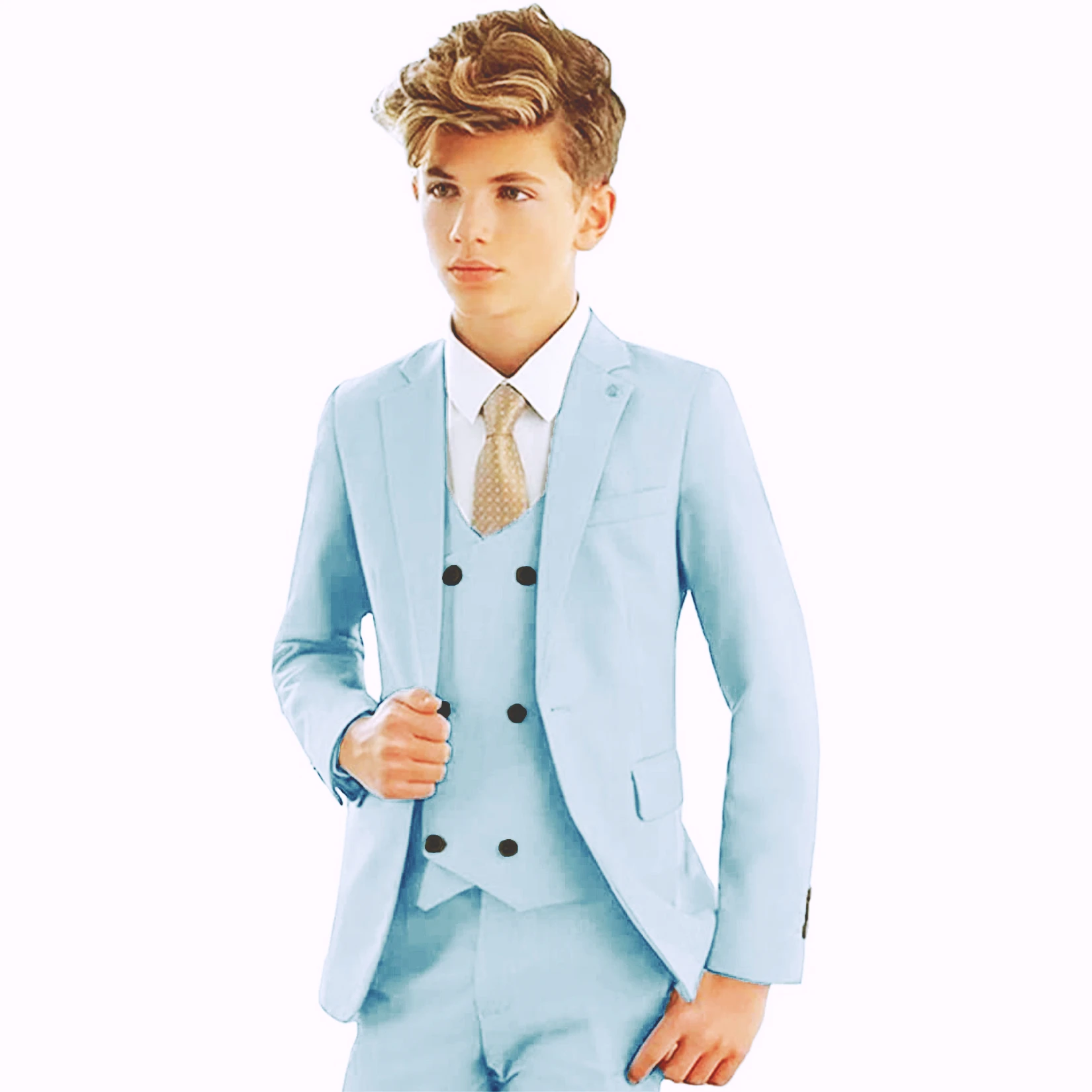 Solid 3 Piece Boys Suits for Wedding Elegant Tuxedo Kid's Blazer Vest Pants Set Notch Lapel One Button Child Prom Dress Suits