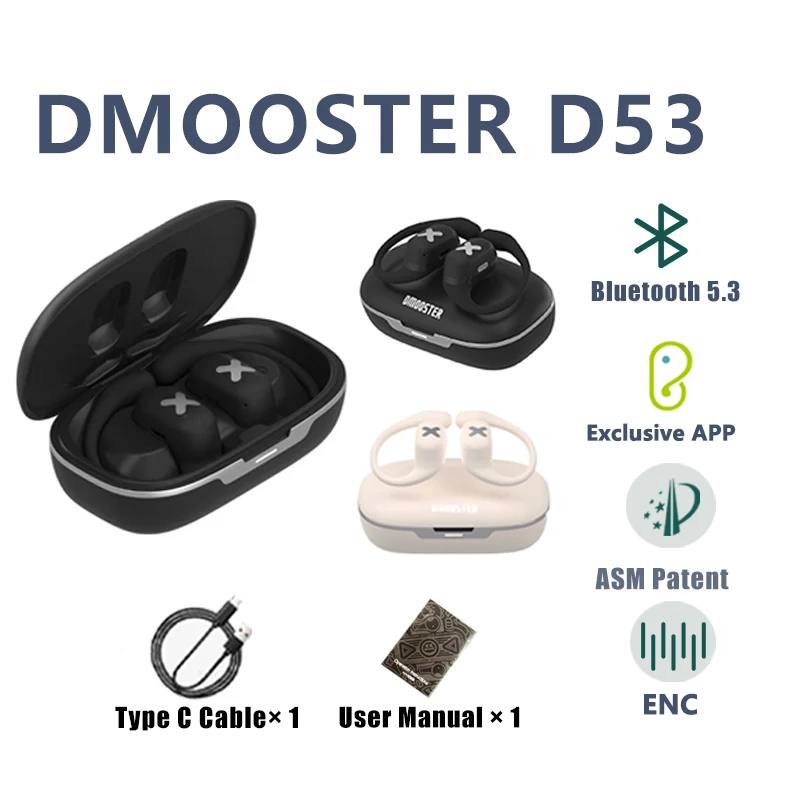 Dmooster OWS D53 공기 전도 이어폰, 무선 블루투스 5.3 헤드셋, EQ 위치 조정, OWS 이어 후크, 영어 앱 포함