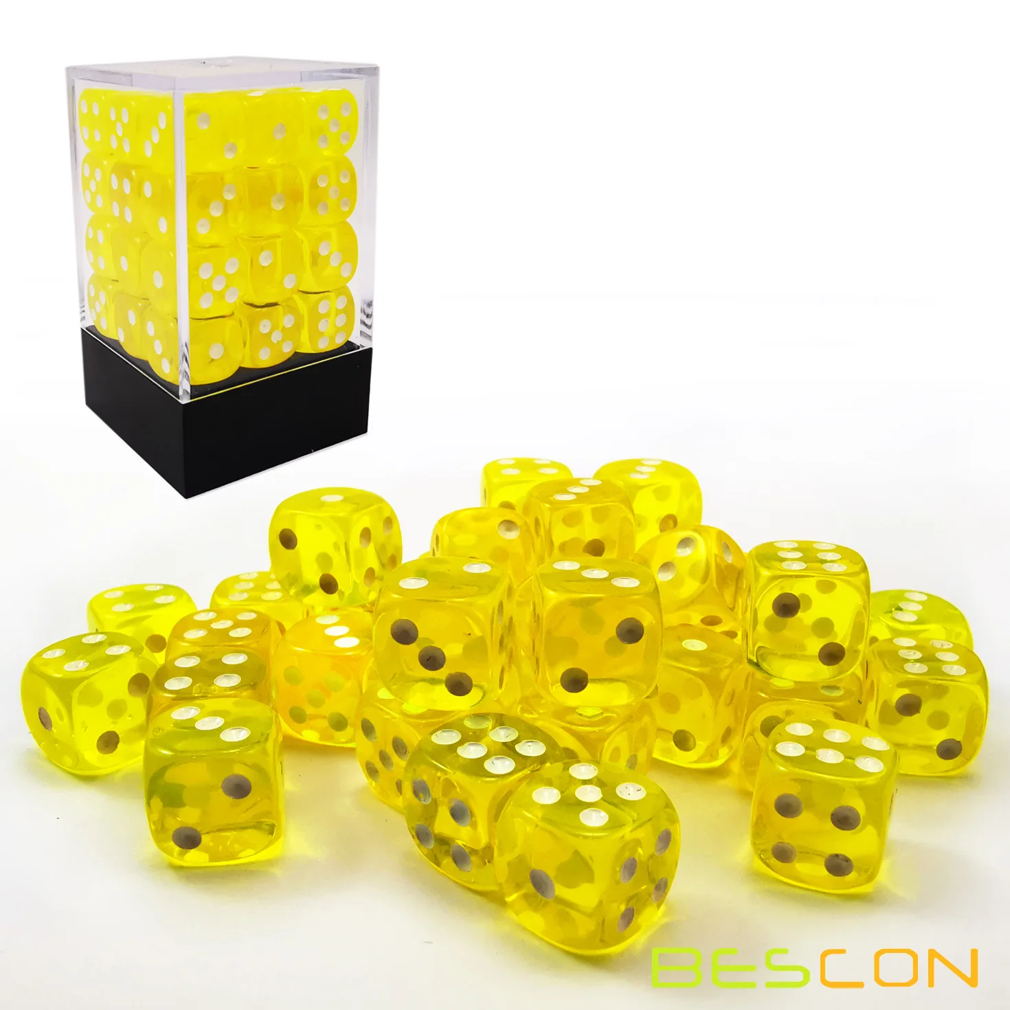 Bescon 12mm 6 Sided Dice 36 in Brick Box, 12mm Six Sided Die (36) Block of Dice, Translucent Yellow with White Pips 2