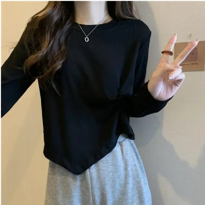 تي شيرت نسائي قصير بأكمام طويلة لربيع الخريف بطبقة...