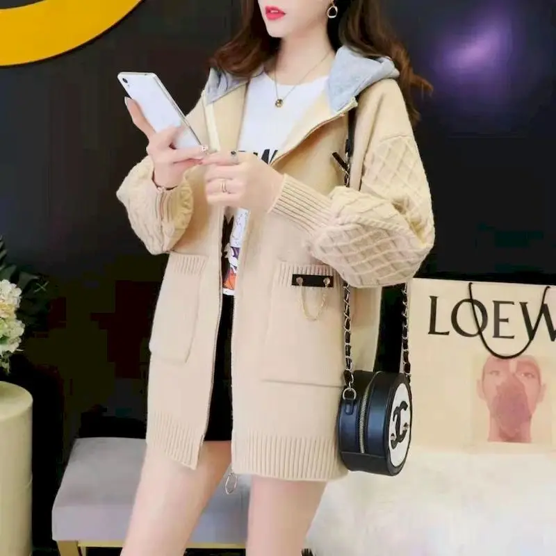 Fashion Knitted Hoodies Women Mid-length Loose Knit Cardigan Coats