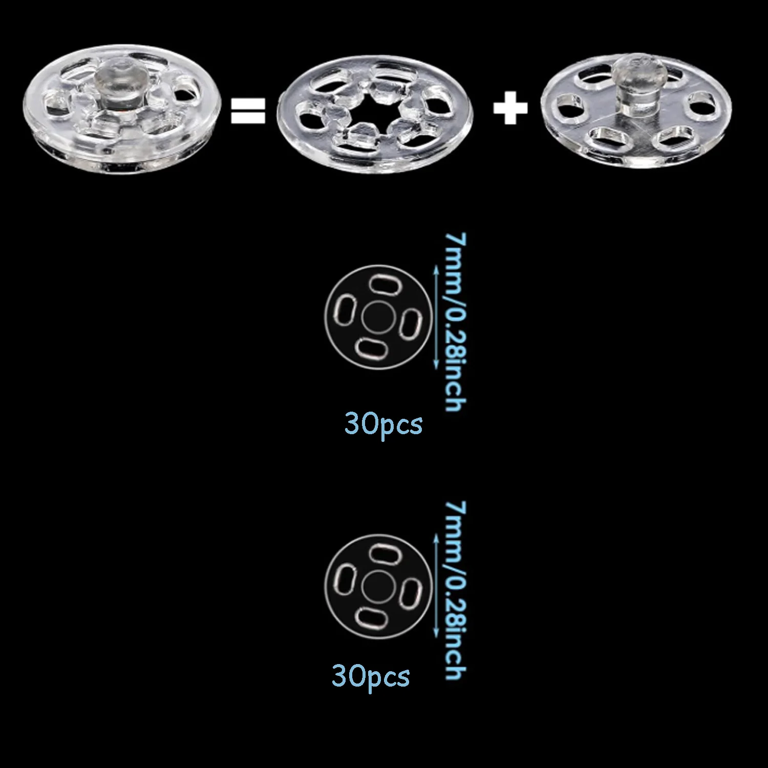 30/90Sets Plastic Sew-on Snap Buttons Invisible Snap Fasteners Buttons Round Clear Press Button for Sewing Clothing DIY Craft