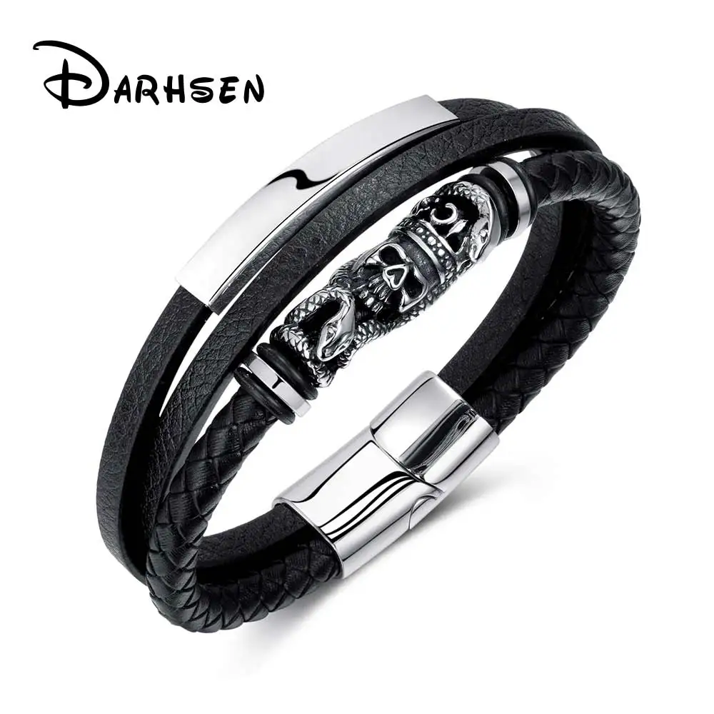 

DARHSEN Men Black Leather Wrap Bracelets Bangles with Skull Charm Hand Wristlet Fashion Jewelry Magnet Buckle