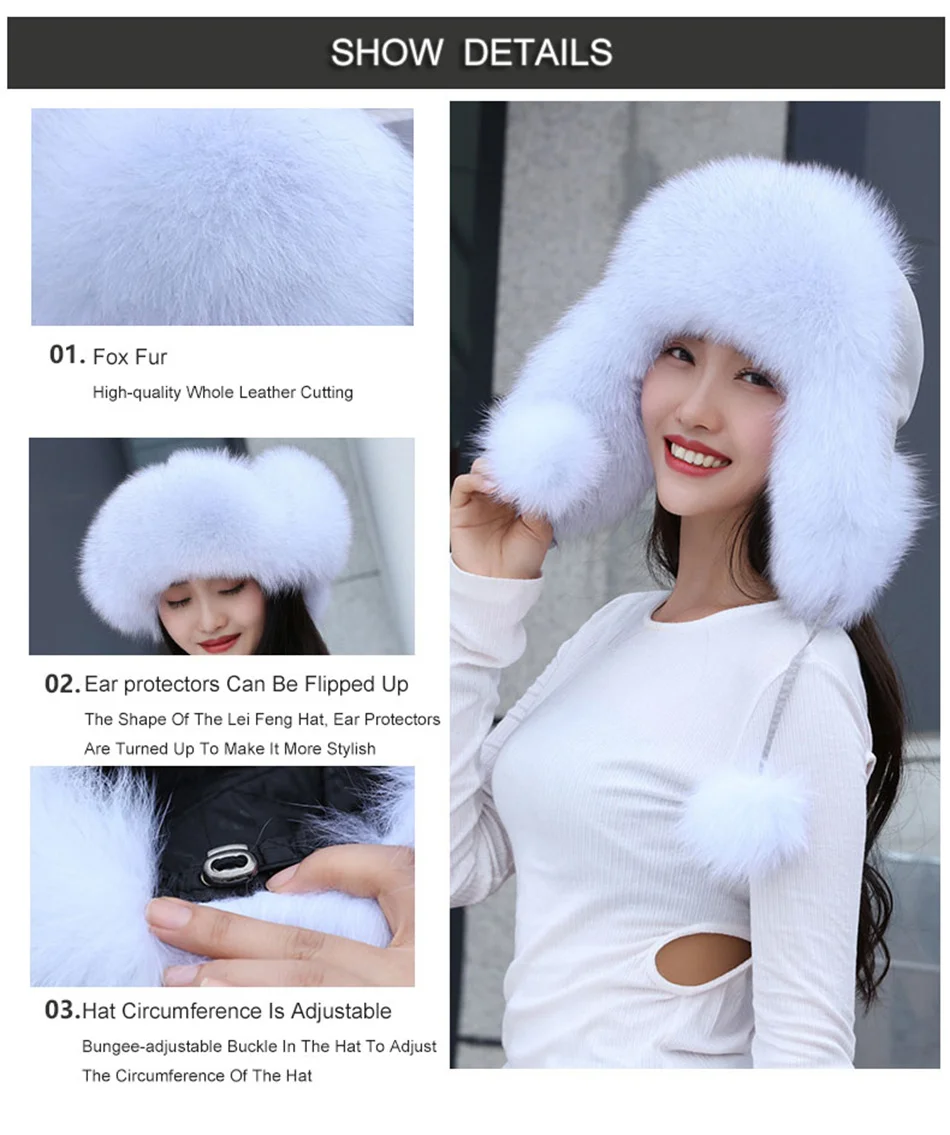 100% Echte Fuchsfell-Mützen für Damen, Russische Uschanka, Aviator-Schneemütze, Modische Wintermütze mit Ohrenklappe, Waschbärfell-Jackenmütze – Detail 5