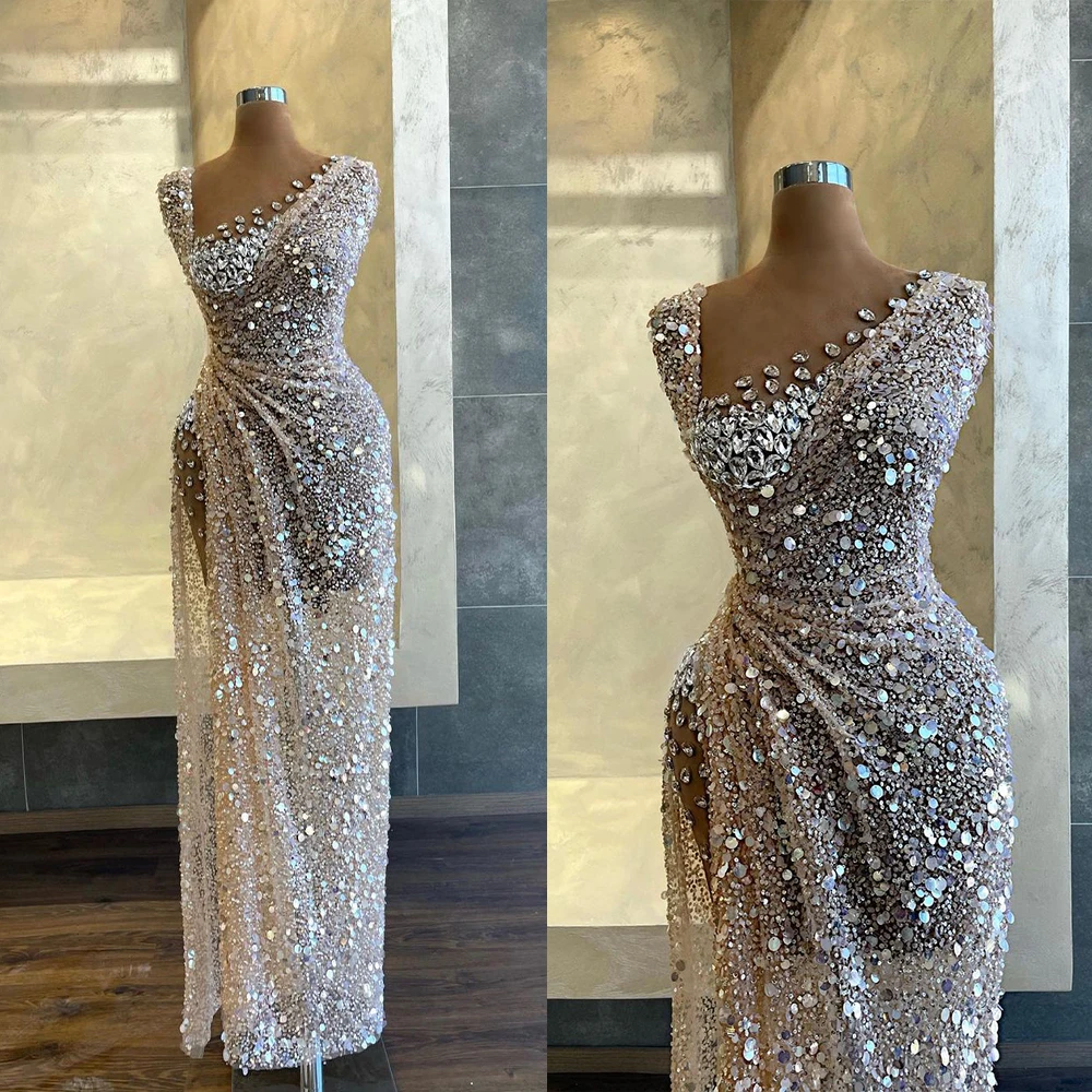 

2023 New Sparking Glitter Celebrity Evening Dress Sequined Crystals Gowns Sleeveless Side Split Party Dresses Custom Made