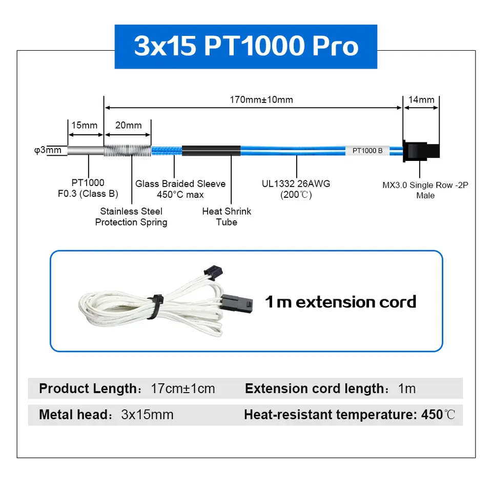 Trianglelab PT1000 Pro Thermistor Cartridge M3 M4 Screw Temperature Sensor High temPerature 450℃ 3D Printer image 6