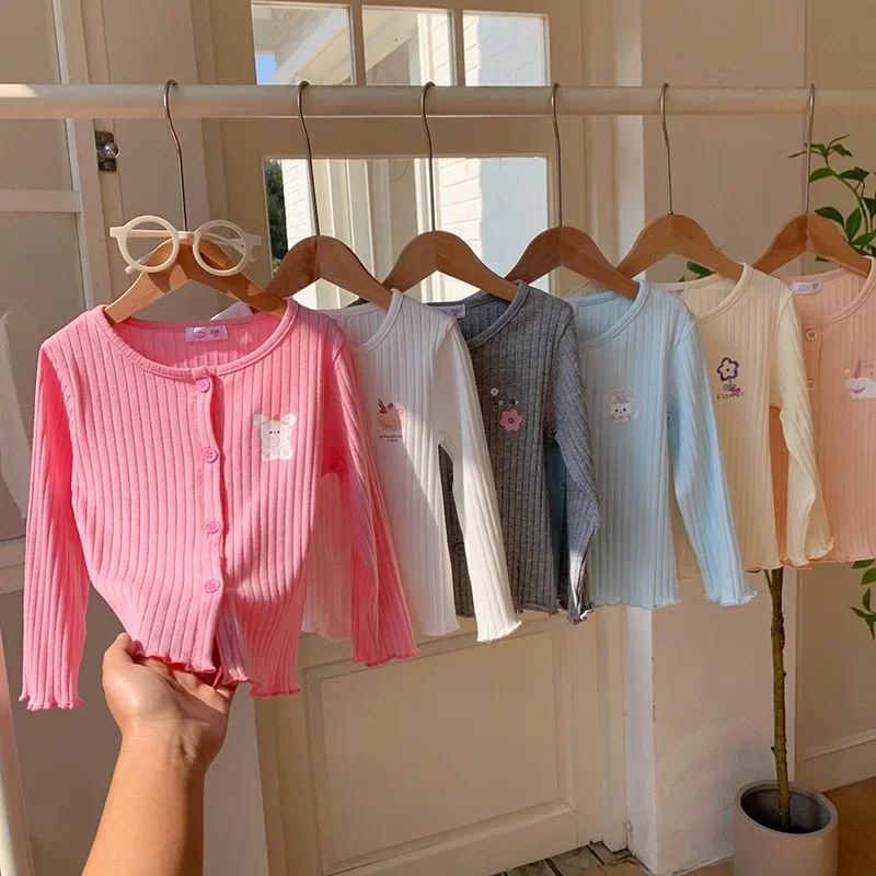 어린이 소녀 얇은 코트  소녀 상의 새로운 봄 어린이 소녀 니트 가디건 세련된 ..