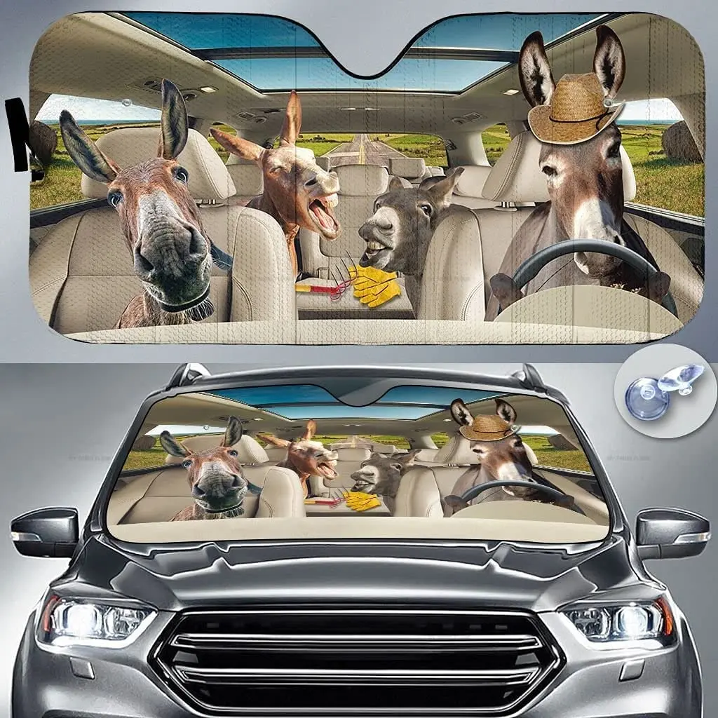 

Funny Donkey Family Driving in Summer Farm Animal Lover Car Sunshade Windshield Window, Gift for Donkey Lover, Car Windshield Au
