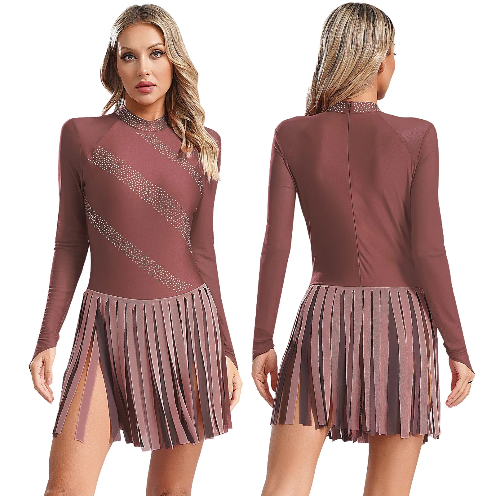 thumbnail image 1 of Traje de gimnasia y patinaje para mujer, malla transparente, dobladillo con borlas, vestidos de baile lírico de Ballet, vestido brillante con diamantes de imitación, Ropa de baile, 1 of 5