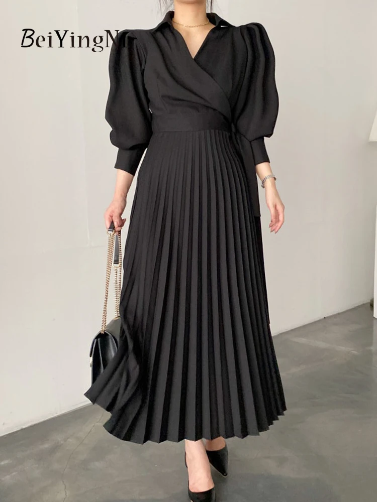 Beiyingni Elegant Stylish Women Puff Sleeve Pleated Long Dress