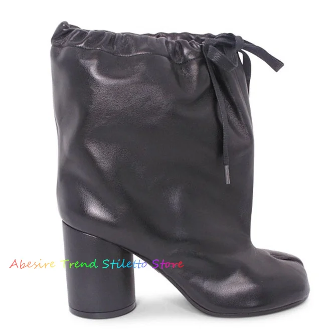 Black Leather Split Toe Shoes Women Chunky High Heels Lace up 2024 Runway New in Mid Calf Boots Luxury Designer Comfy Boot