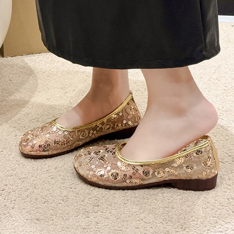 

Женские сетчатые лоферы на плоской подошве, дизайнерские дышащие туфли с кружевом и блестками, балетки для танцев, 2024