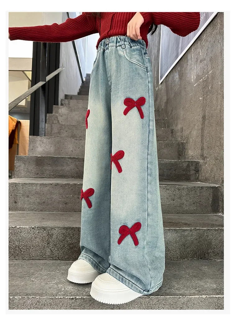 الفتيات فضفاضة واسعة الساق الجينز السراويل الناعمة الأطفال Bowknot التطريز مستقيم الدنيم السراويل ربيع الخريف الملابس 5-12 سنة