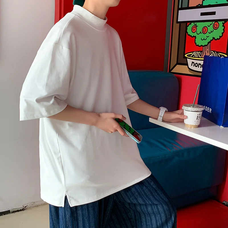 

Fashion Men's Loose T-Shirt Short Sleeve Basic Turtleneck Half High Collar Pullover Thin Top T Shirt for Men Solid Color A70