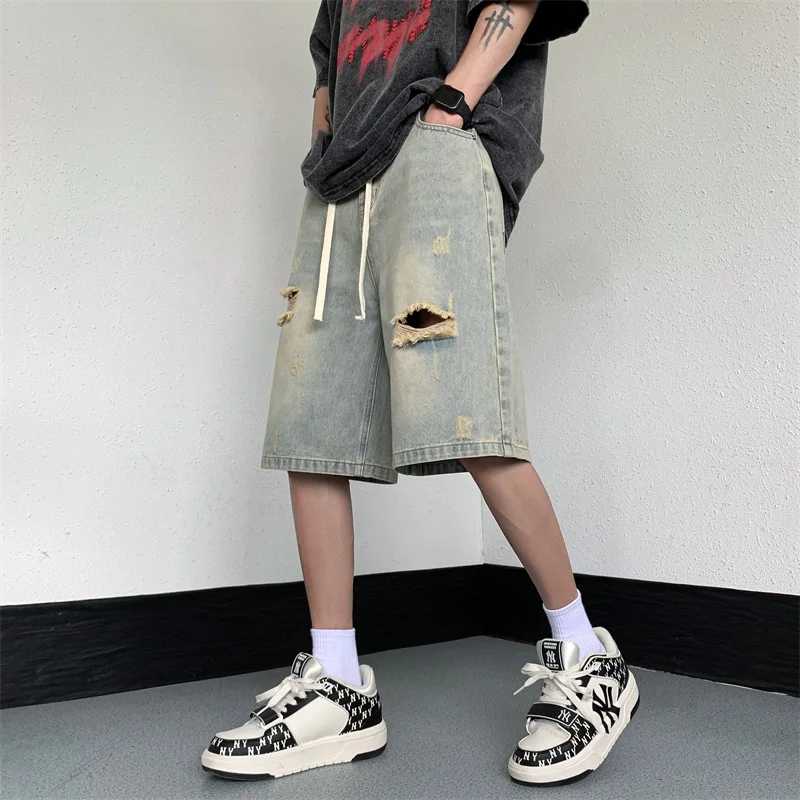Men Jeans Shorts Ripped Summer Japanese Hip Hop Streetwear Harajuku Denim Bermuda