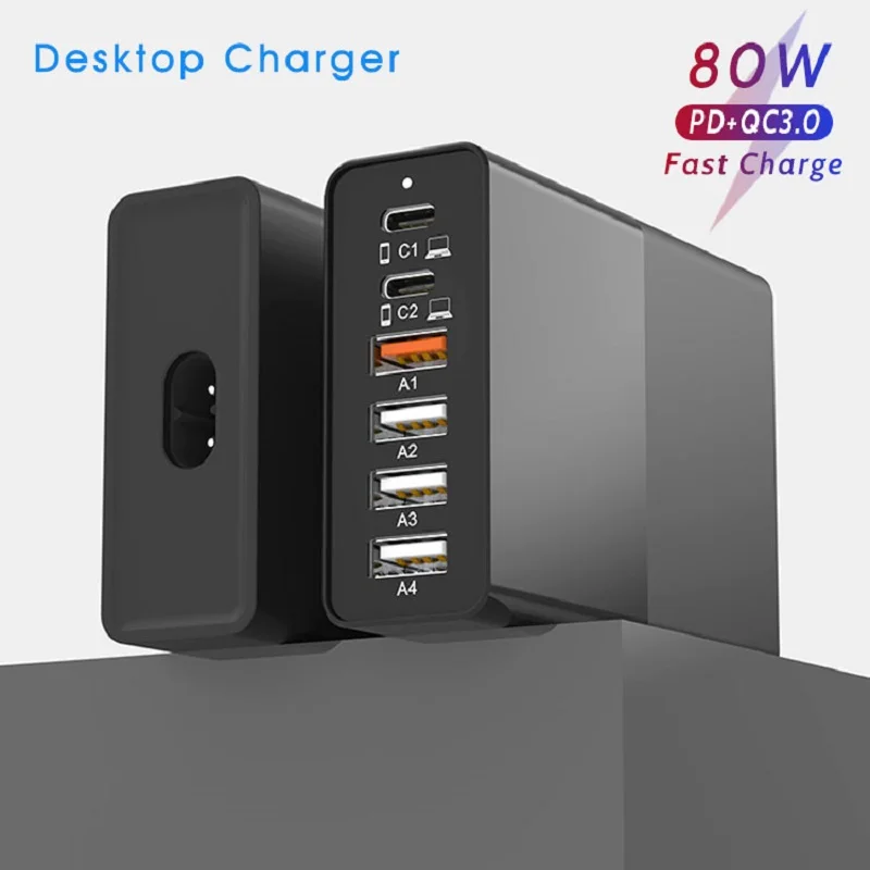  ILEPO 80W USB Charger PD QC3.0 Dual Protocol Fast Charge 6 Port Multi USB Quick Charger Station For iPhone 14 13 Pro Max Xiaomi 