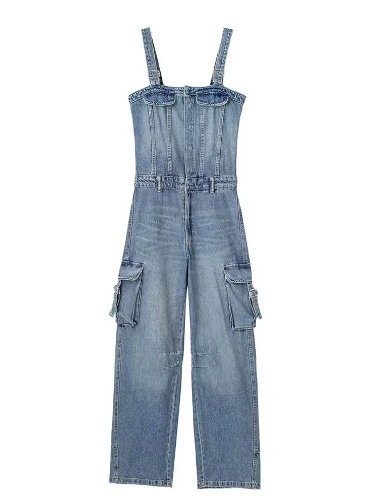 

Solid Strapless Sleeveless Jumpsuit For Women Casual High Waist Partchwork Pocket Romper Autumn Ladies Fashion High Streetwear