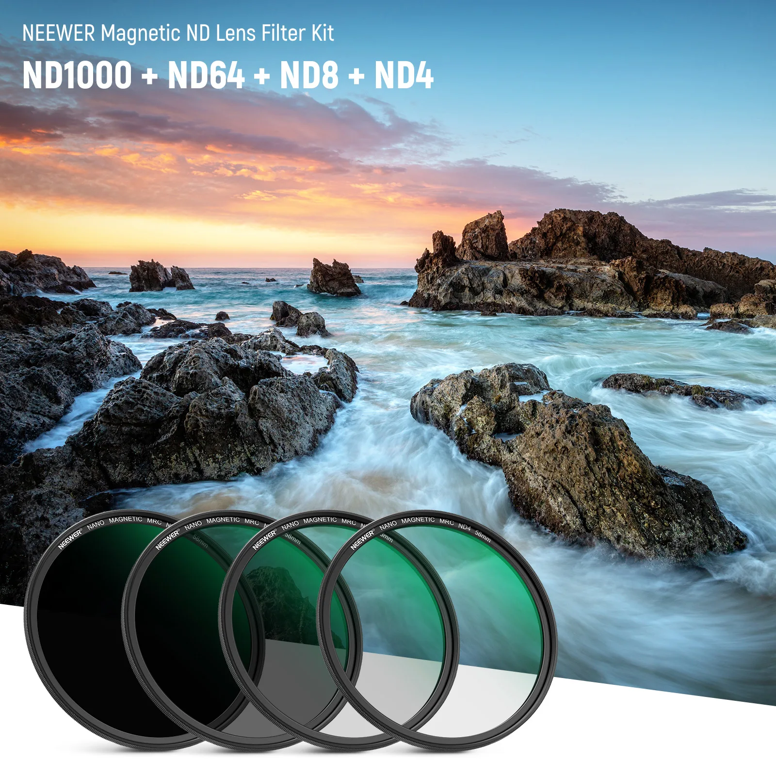 NEEWER Magnetic ND Lens Filter Kit ND4 ND8 ND64 ND1000 Filters with Magnetic Adapter Ring & Filter Pouch HD Optical Glass