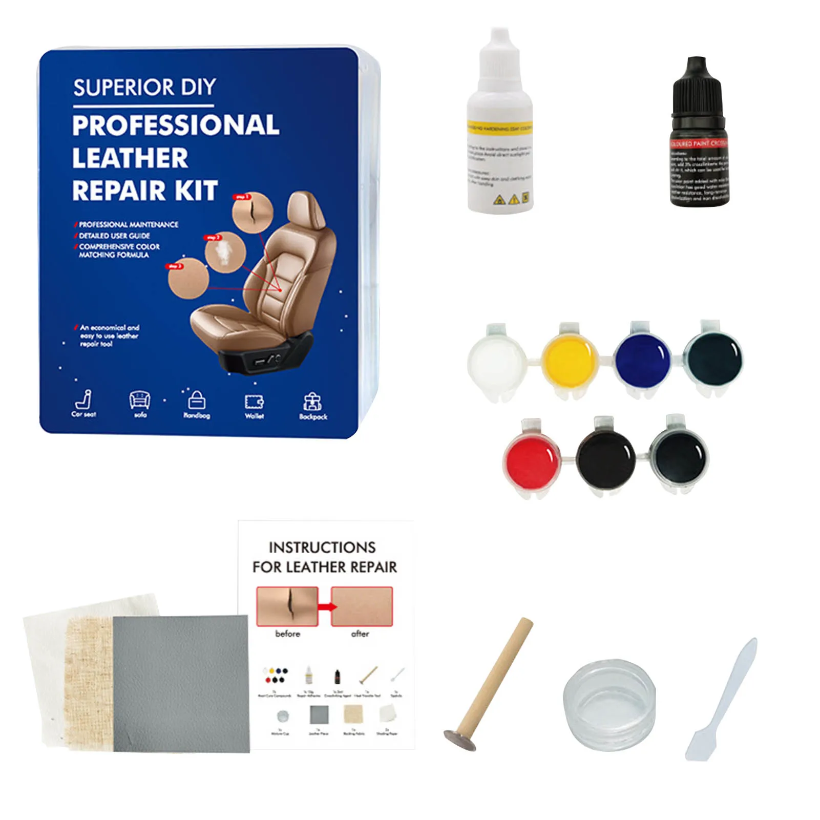 Visbella DIY Leather and Vinyl Repair Kit, Do It Yourself Tool Fix Holes,  Rips, Upholstery Jacket, Leather Car Seat, Automotive and Household Adhesive