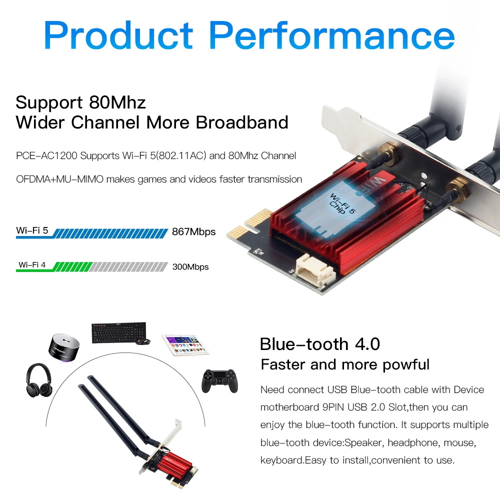 WiFi 5 AC1200 PCI-E 무선 어댑터 네트워크 카드 BT 4.0 듀얼 밴드 2.4G/5GHz 802.11AC Windows 7/8/10/11 용 데스크탑 노트북 PC