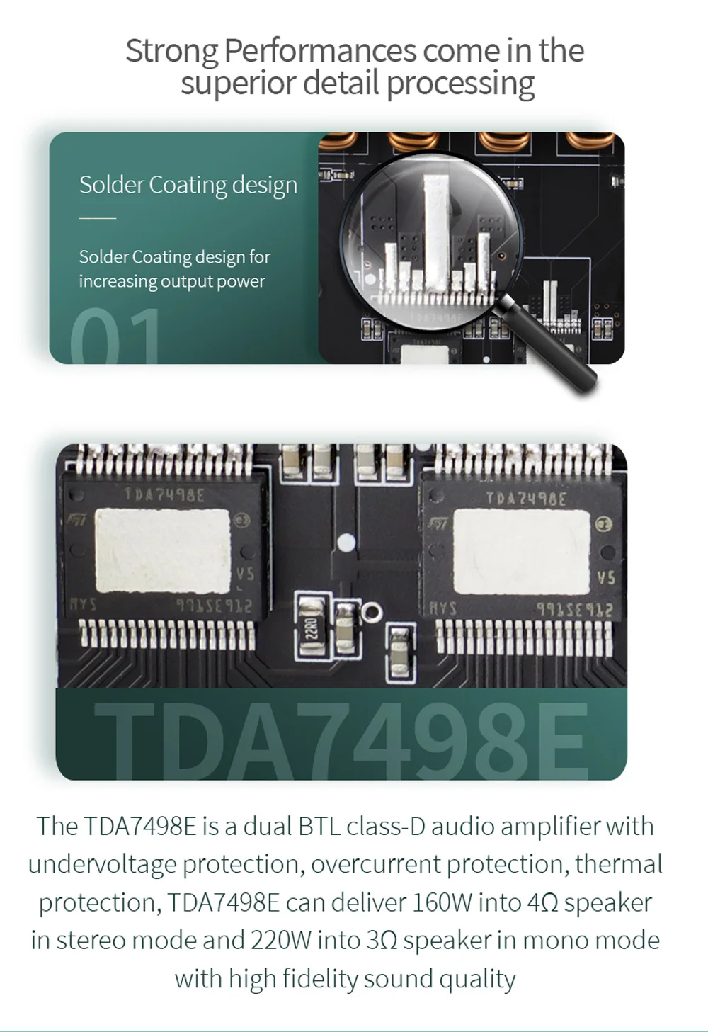 placa 160wx2 + 220w potência áudio estéreo