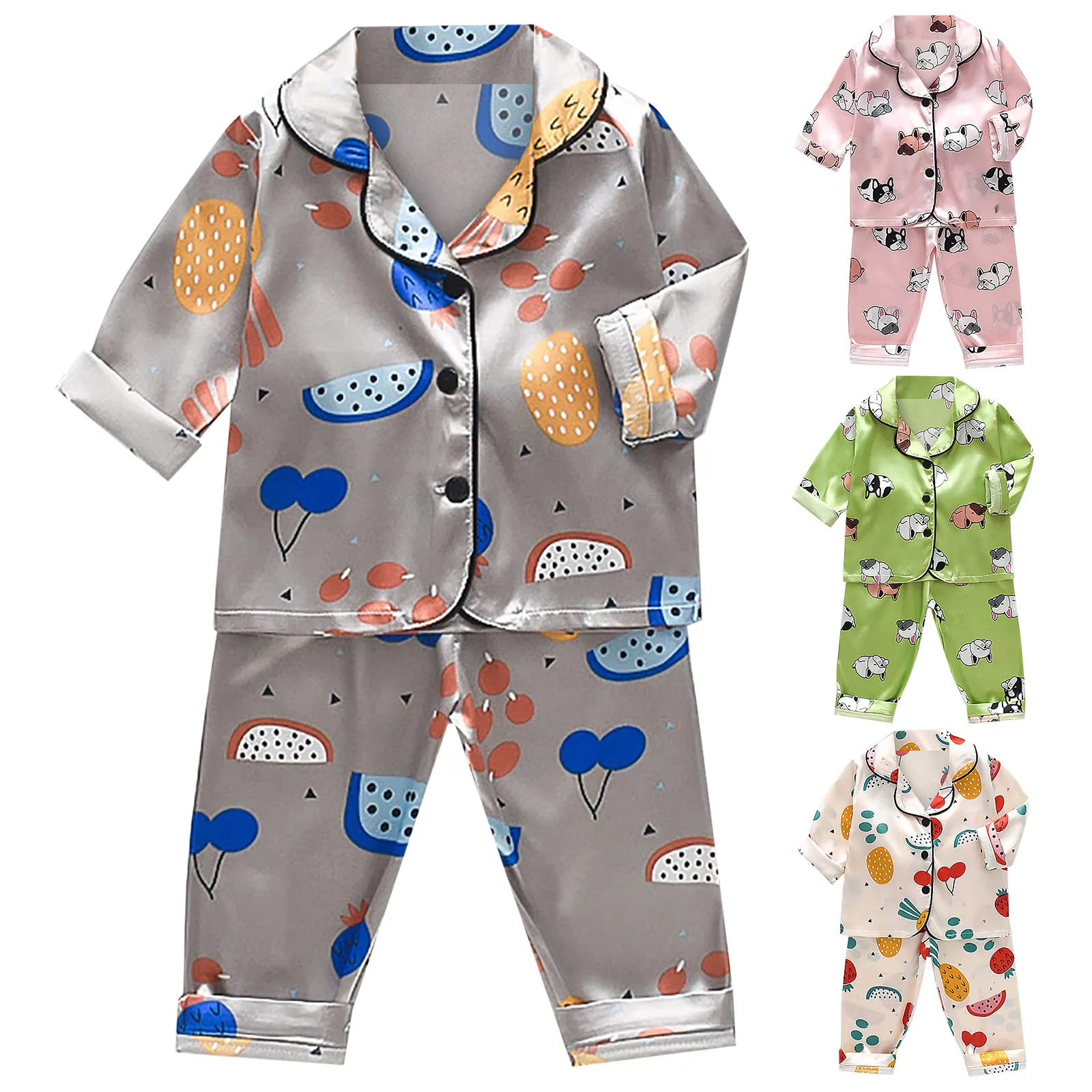 Toddler Kids Baby Boys Girls Satin Cartoon Button Down Shirt Tops + Long Pants Silk Pajamas 5 Set 4t Toddler Girl Clothes
