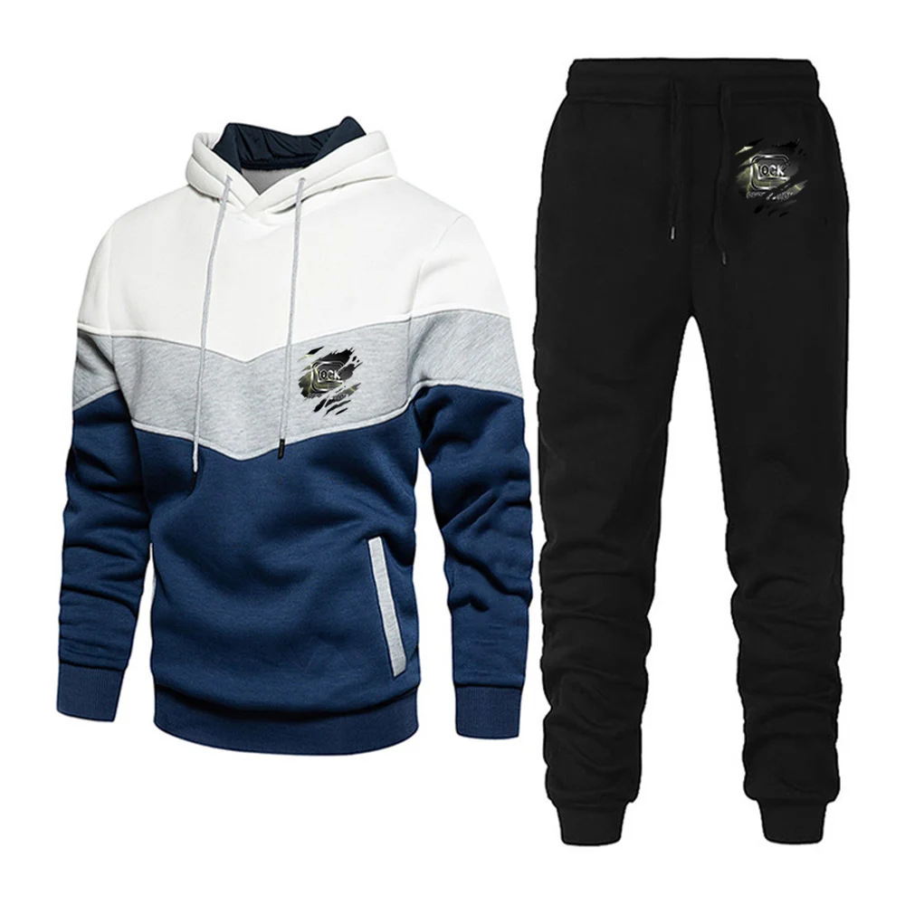 2023 New Spring Autumn Glock Perfection Shooting Print Fashion Three-Color Stitching Hooded Hoodies+Casual Sweatpants Trendy Set