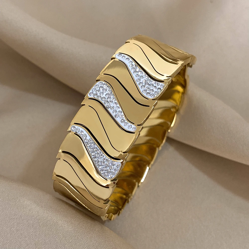 Bracelet Luxe En Acier Inoxydable Doré Avec Strass - Fermoir Glissière, Neuf Avec étiquettes