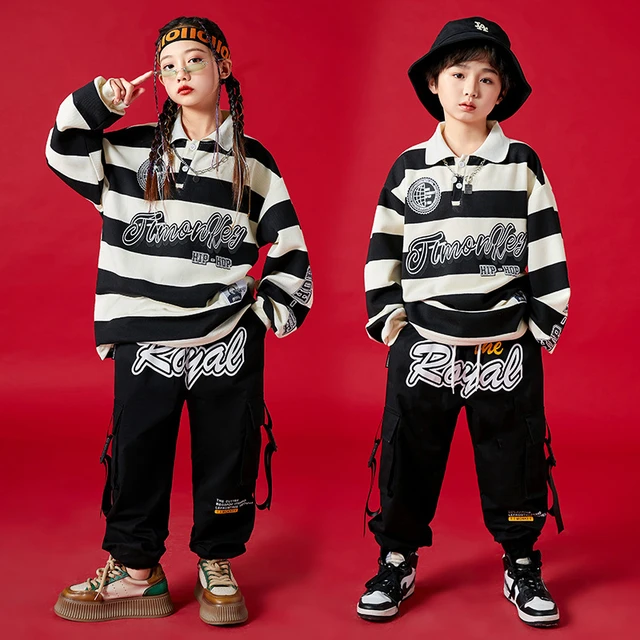 Kids Hip Hop Dance Clothes Black Sweatshirt Red Cargo Pants For