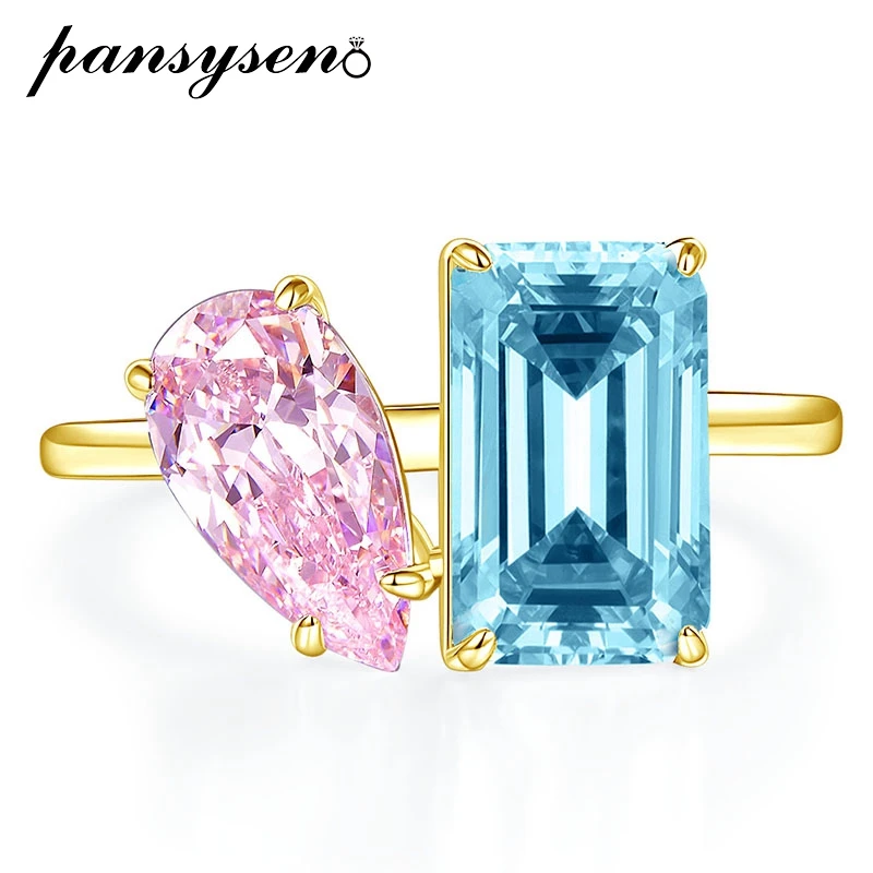 Pansysen 100% 925 Sterling Silver Emerald Cut Sapphire Hign Carbon Diamond Anello Di Fidanzamento Di Nozze 14K Placcato Oro Gioielleria Raffinata