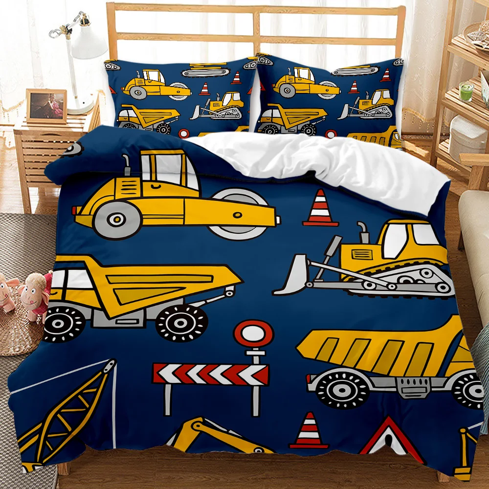 

2/3Pcs Cartoon Construction Excavator Tractor Bedding Set King Yellow Machinery Truck Duvet Cover Kids Car Polyester Quilt Cover